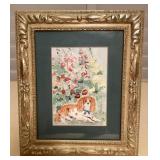MCJ105 Framed Original Watercolor Painting Of A Dog In A Flower Garden