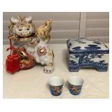 MCJ140 Japanese Porcelain Foo Dog, Lithopane Sake Cups & Trinket Box