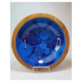 FHM030 - Folk Art Mexican Hand Carved & Painted Wood Bowl Stunning Blue Birds Vintage 