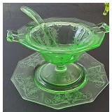 FHM036 - Striking Uranium Glass 3-Piece Gravy / Sauce Set With Bowl, Underplate and Ladle 