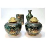 FHM037 - Charming Vintage Green Cloisonné Enamel Floral / 4 Piece Set With Vase, Shakers & Cup