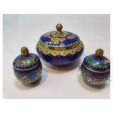 FHM038 - Cobalt Blue Chinese Cloisonné Enamel 3-Piece Lidded Jar & Box Set - Vintage Made in Beijing