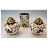 FHM039 - Attractive Chinese Cloisonné Enamel 3-Piece Floral Salt & Pepper Shaker Set with Holder