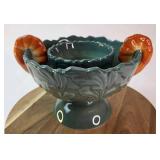 FHM044 - Whimsical John Derian Company Stoneware Pedestal Serving Set – Green Leaf Shrimp Handle