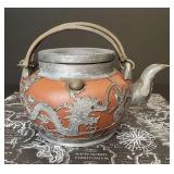 FHM045 - Vintage Chinese Shanghai Red Clay Teapot / Pewter Overlay Dragon Motif