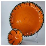 FHM077 - Mid-Century Orange Glazed Ceramic Chip & Dip Serving Set / Fluted 2-Piece Pottery