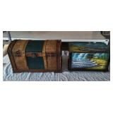 FHM107 - Pair of Decorative Storage Chests - Coastal Hand-Painted Chest & Domed Trunk Chest