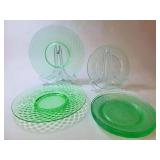 FHM134 - Seven Fine Depression Era Uranium Glass Plates - Imperial Glass and U.S. Glass