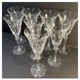 FHM165 - Eight Etched Crystal Stemware Glasses Vintage