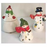 FHM254 - Hallmark Ceramic Snowman Christmas Décor Lot – Cookie/Candy Jar & 2 Votive Candle Holders 
