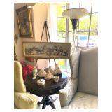 Antique marble and crystal Floor Lamp, Antique print framed of kitties and puppies