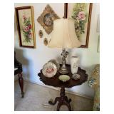 Mahogany carved round occasional table, matching set of Cherub lamps