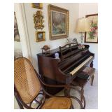Upright Piano by Haddorft Vertichord and Wicker Bentwood Rocker