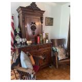 Antique German Baroque Revival, marble, carved cabinet, 2 pc, Renaissance Revival Savonarola folding chair, Antique Tiger Oak Rocker