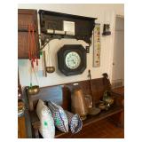 Oak Bench with assorted copper pieces, Antique Coat Rack