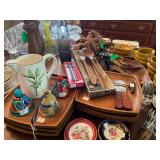 Mid Century table accessories including wooden plates, serving spoons, forks, trays