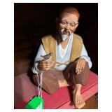 Rare MCM Japanese Hakata Urasaki clay ceramic Old Man with Bird on hand, post WW2 souvenir