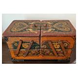 Vintage wooden hand-painted & decorated folk art sewing or trinket accordion-style box.