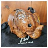 Timmy Woods Beverly Hills elephant-shaped hand-carved wooden handbag.