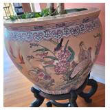 Large Chinese Porcelain Fish Bowl Planter with Wooden Stand, Floral & Bird Motif.