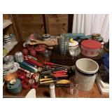 lots of misc kitchenware; some not shown, bakelite handles
