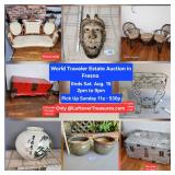 August. 15 - West Fresno World Traveler Estate Auction. 379 Lots. Ends SATURDAY 2p to 9p. Pick up SU