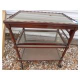 Vintage bar cart with Marquetry trim removable glass serving tray - on wheels