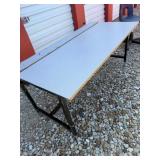 TABLES 5 FT LENGTH, APPROX 30" WIDE WITH A 6 " FLIP UP AND A METAL CHANNEL QTY 3