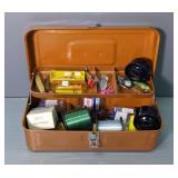 Spools Of Fishing Line, Lures, Pocket Knives, Hooks, Bobber Stops, And More, In My Buddy Metal Tackl
