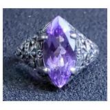 Sterling Silver Filigree Ring With Amethyst Marquise Cut Stone, Sz 7