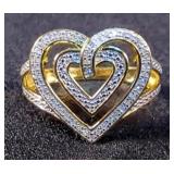 14K Yellow Gold Over Solid Sterling Silver Diamond Heart Ring, Sz 7