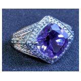 14K White Gold Over Sterling Silver Amethyst & Diamond Ring, Sz 7 