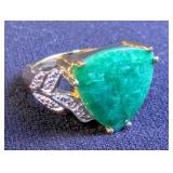 14K Yellow Gold Over Solid Sterling Silver Emerald and Diamond Ring, Size 7 