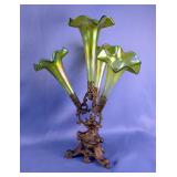 Iridescent Glass Lily Trumpet Vase Epergnes With Metal Stand 