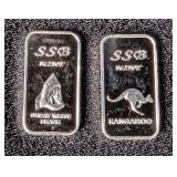 SSB Mint Great White Shark One Gram .999 Fine Silver Bar, And SSB Mint Kangaroo One Gram .999 Fine S