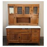 Antique Hoosier Style Oak Cabinet With Enamel Top, Stained Glass And Flour Sifter 