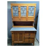 Hoosier-Style Oak Cabinet With Metal Top And Etched Glass Doors