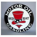 Red Hat - Motor Oil - Gasoline 42" Double-Sided Porcelain Enamel Advertising Sign - Heavy Gauge Stee