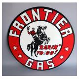 Frontier Gasoline “Rarin’ To Go!” 42" Double-Sided Porcelain Enamel Advertising Sign - Heavy Gauge S