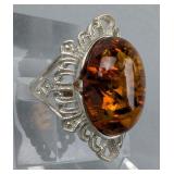 Sterling Silver And Amber Ring, 925 Silver, Size 7 Sterling Silver And Amber Ring, 925 Silver, Size 7