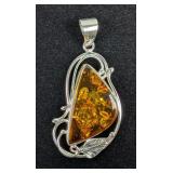 Sterling Silver And Amber Pendant With Leaf Design, 925 Silver Sterling Silver And Amber Pendant With Leaf Design, 925 Silver