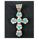 Sterling Silver And Turquoise Cross/Crucifix Pendant With Rose Quartz Flowers, 925 Silver Sterling Silver And Turquoise Cross/Crucifix Pendant With Rose Quartz Flowers, 925 Silver