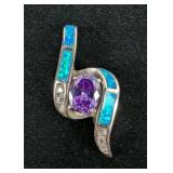 Sterling Silver, Blue Opal, And Amethyst Gemstone Pendant, 925 Silver Sterling Silver, Blue Opal, And Amethyst Gemstone Pendant, 925 Silver