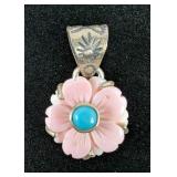 Sterling Silver And Turquoise Pendant With Rose Quartz Flowers, 925 Silver Sterling Silver And Turquoise Pendant With Rose Quartz Flowers, 925 Silver