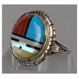 Sterling Silver, Turquoise, Red Coral, Black Onyx, Abalone Shell, And Mother Of Pearl Mosaic Ring, 9 Sterling Silver, Turquoise, Red Coral, Black Onyx, Abalone Shell, And Mother Of Pearl Mosaic Ring, 9