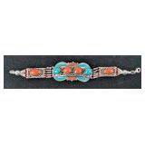 Tibetan Silver, Turquoise, And Red Coral Bracelet, 7.5' Tibetan Silver, Turquoise, And Red Coral Bracelet, 7.5'