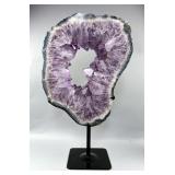 Brazilian Amethyst Geode Portal/Slice On Metal Display Stand, 18.25' x 11.25', 7.5kg Brazilian Amethyst Geode Portal/Slice On Metal Display Stand, 18.25' x 11.25', 7.5kg
