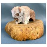 American Buffalo Stone Carving Mounted On Burl Wood Base American Buffalo Stone Carving Mounted On Burl Wood Base