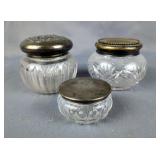 Antique Vanity Cut And Pressed Glass Jars, Each Lid Has An Engraved Monogram On Top, Smallest Jar Is Antique Vanity Cut And Pressed Glass Jars, Each Lid Has An Engraved Monogram On Top, Smallest Jar Is