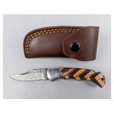 Damascus Lockback Folding Knife With Multi-Colored Wood Handle, Includes Leather Sheath, 6.5' Unfold Damascus Lockback Folding Knife With Multi-Colored Wood Handle, Includes Leather Sheath, 6.5' Unfold